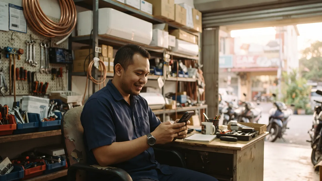 An aircond technician smiling at his phone at a desk in his service shop, shelves of boxed units and copper pipe behind him