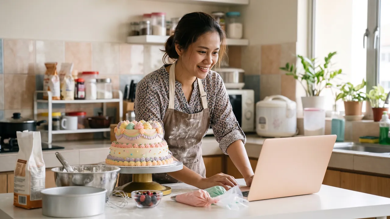 A home baker smiling at her laptop at the kitchen counter beside a freshly decorated birthday cake