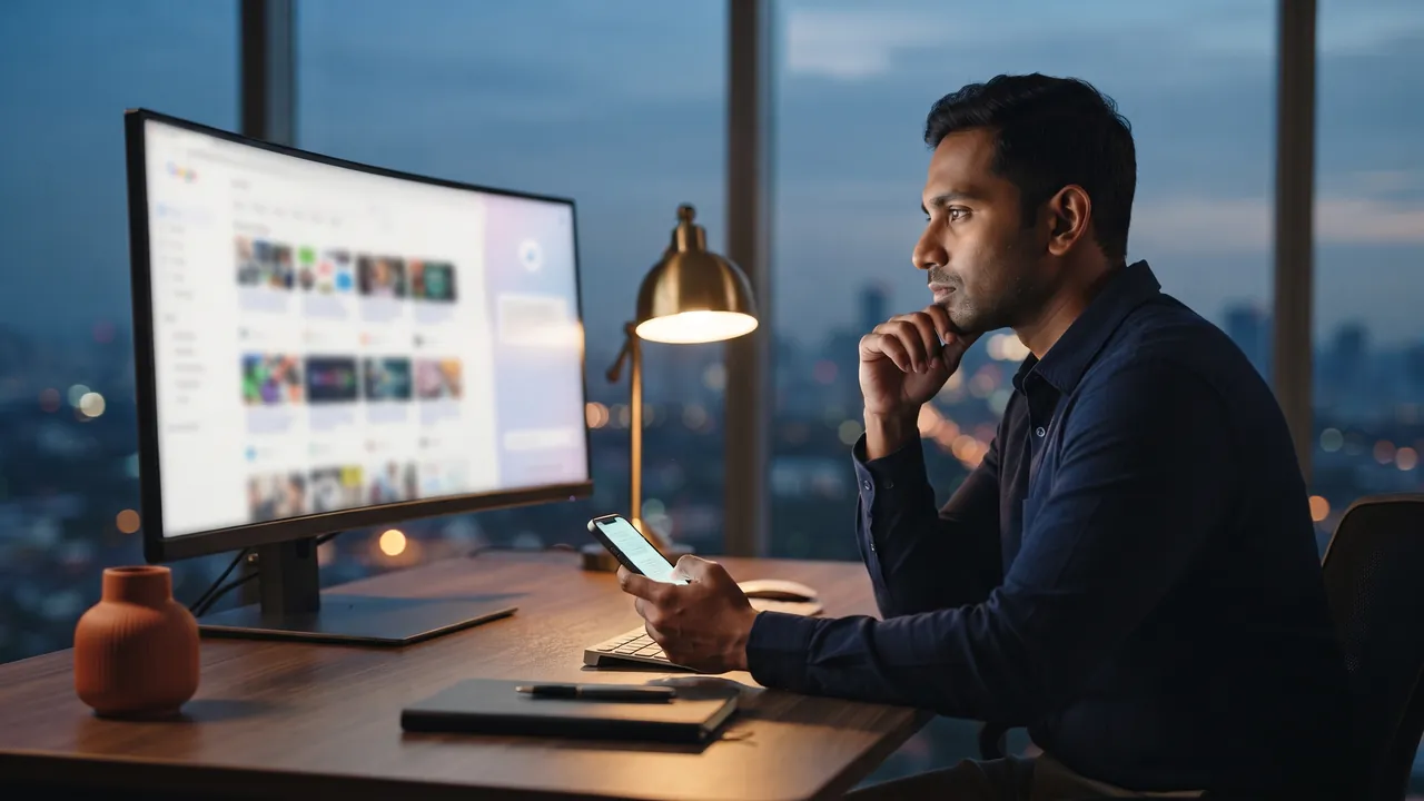 A business owner at his desk at dusk, looking at search results on a large monitor with his phone in hand