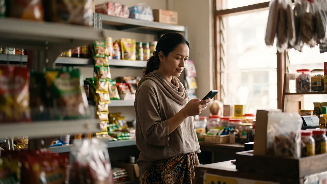 A woman standing between stocked shelves by a bright window in her neighbourhood grocery shop, looking down at her phone